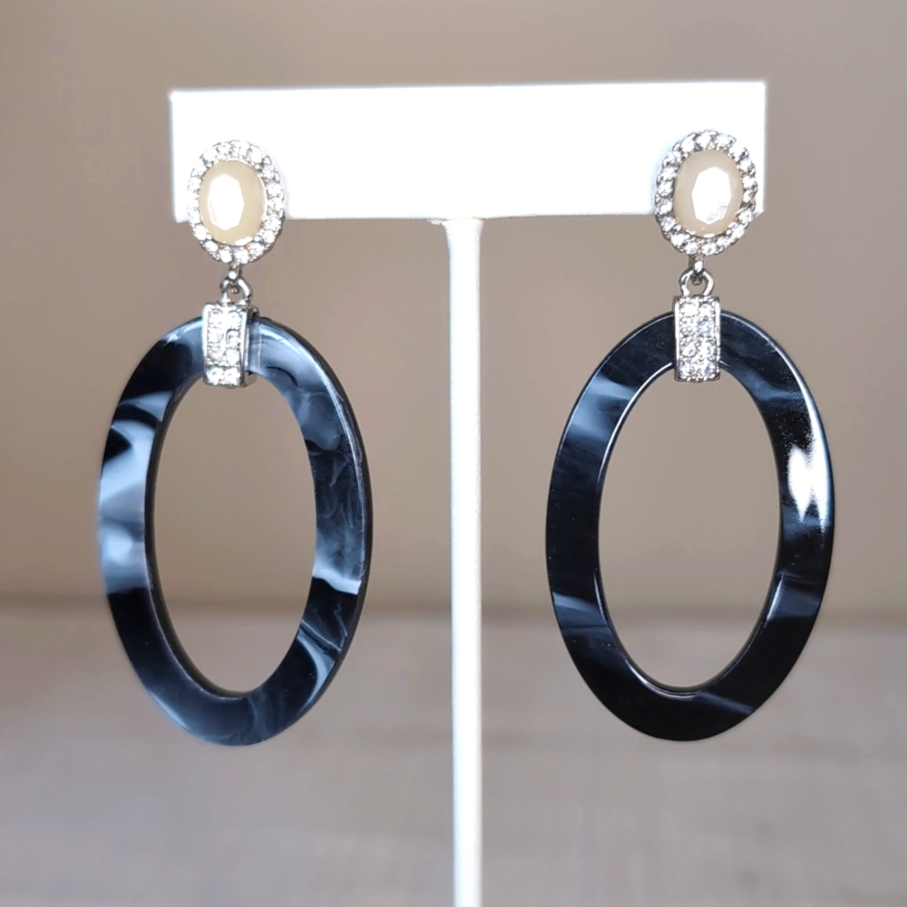 Black & White Oval Acrylic Hoop Earrings with Bling
